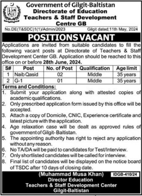 Teachers & Staff Development Centre Gilgit Baltistan Jobs – Government of Gilgit-Baltistan Jobs 2024 — original advertisement