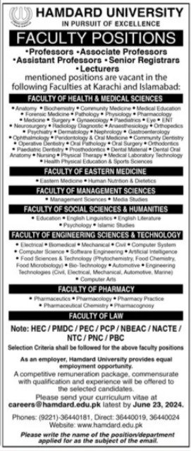 Hamdard University HU Karachi Jobs 2024 – Hamdard University Hospital Karachi Jobs 2024 — original advertisement