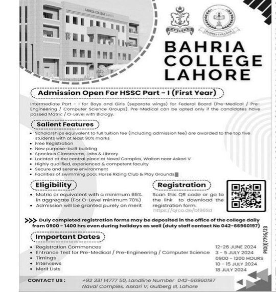 Admissions in Bahria College Lahore Punjab 2024 – Bahria Town Lahore Admissions 2024 — original advertisement