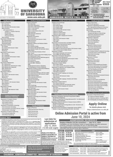 Admissions Open in University of Sargodha Punjab 2024 Admissions 2024 — original advertisement
