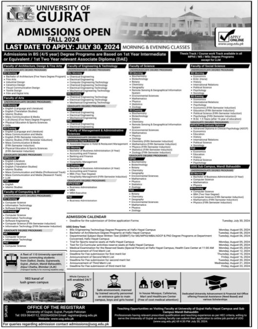 Admissions Open in University of Gujrat 2024 Admissions 2024 — original advertisement