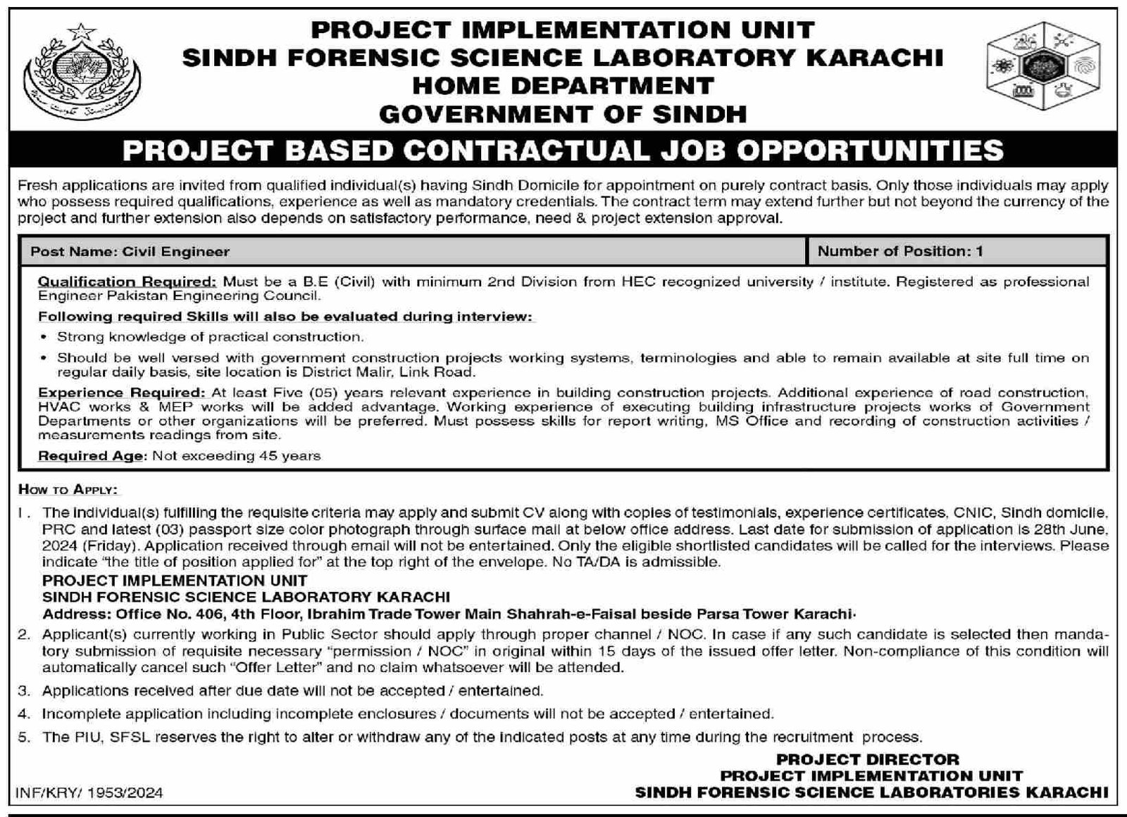 Sindh Forensic Science Laboratory Jobs 2024 – Govt of Sindh Jobs 2024 — original advertisement
