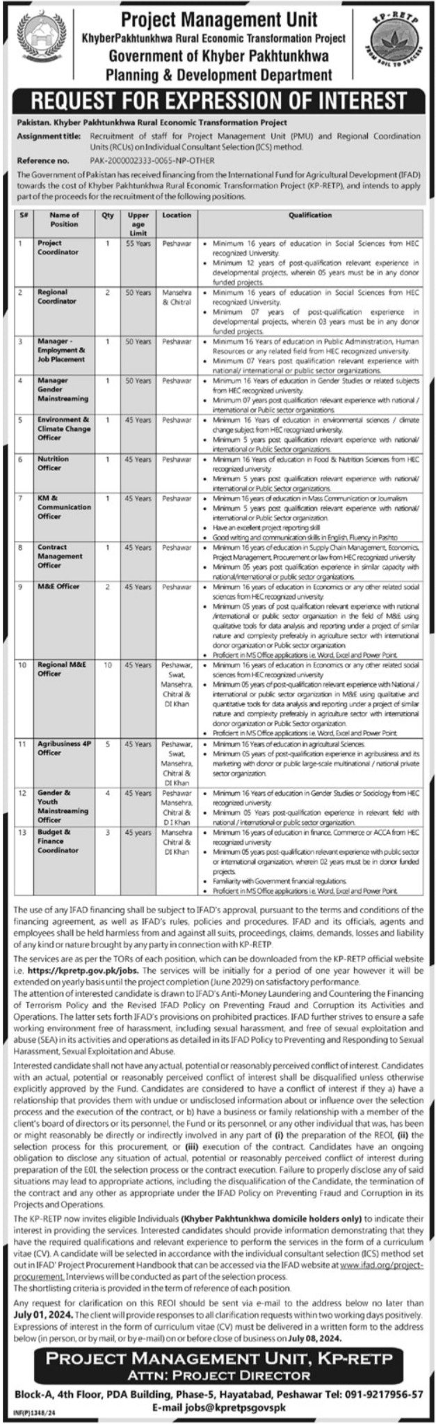 Planning And Development Department Peshawar Jobs 2024 – Planning & Development Department KPK Jobs 2024 — original advertisement