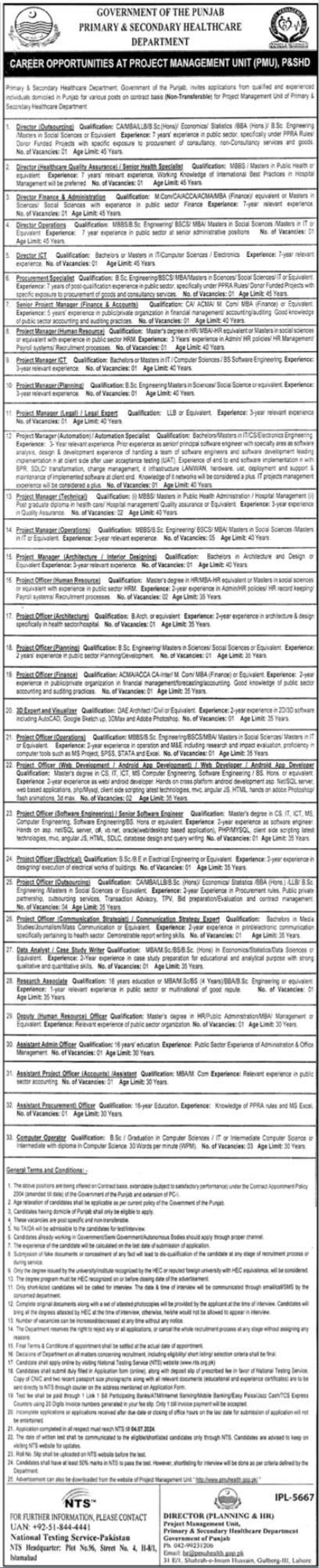 Primary & Secondary Healthcare Jobs 2024 – Health Department Punjab Jobs 2024 — original advertisement