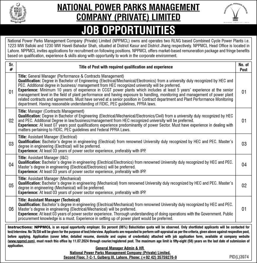 National Power Parks Management Company NPPMCL Jobs 2024 – National Power Park Management Pvt Ltd Jobs 2024 — original advertisement
