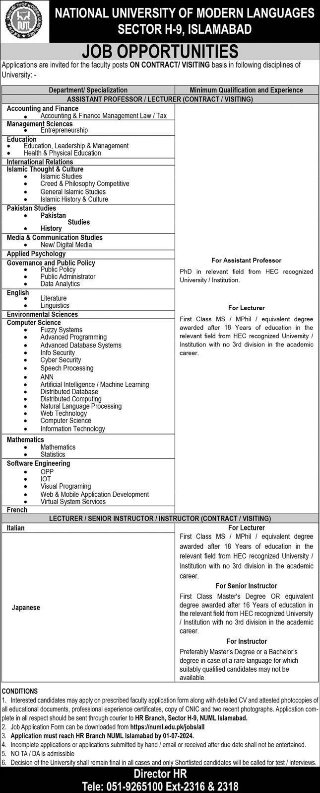 National University Of Modern Languages NUML Jobs 2024 – National University of Modern Languages Islamabad Jobs 2024 — original advertisement