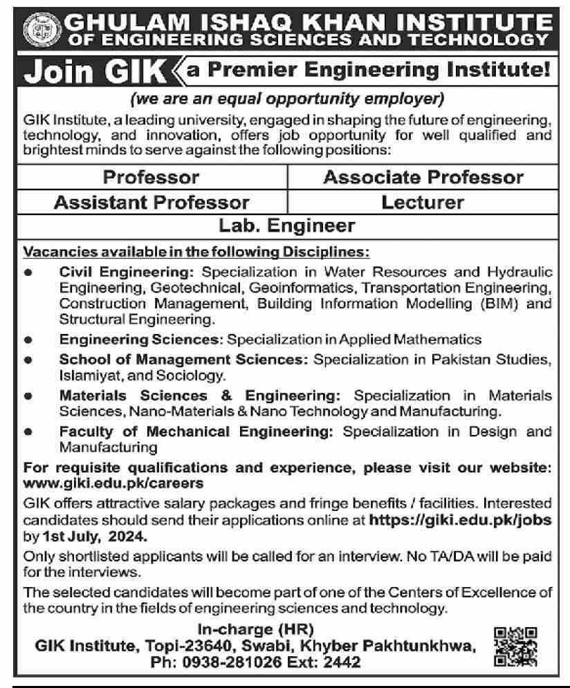 GIK Institute Of Engineering Sciences & Technology Jobs 2024 – Ghulam Ishaq Khan GIK Institute of Engineering Sciences and Technology Swabi Jobs 2024 — original advertisement