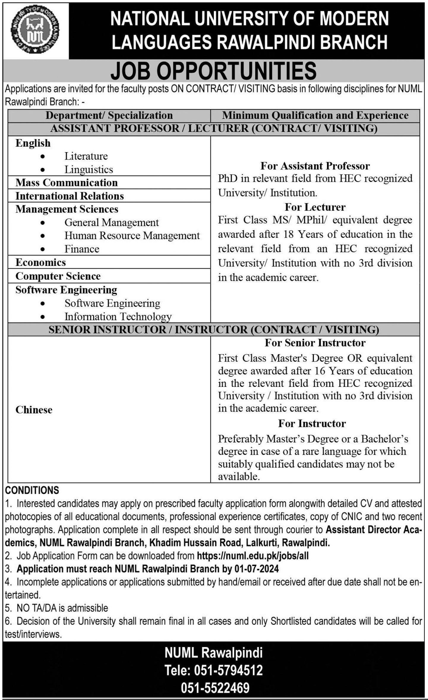 National University of Modern Languages NUML Rawalpindi Jobs – National University of Modern Languages Islamabad Jobs 2024 — original advertisement