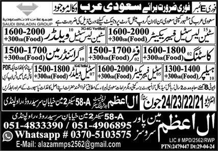 Steel Less Steel Fixer And Helper Jobs in Saudia Arabia 2024 – Al Azam Manpower Services Jobs 2024 — original advertisement