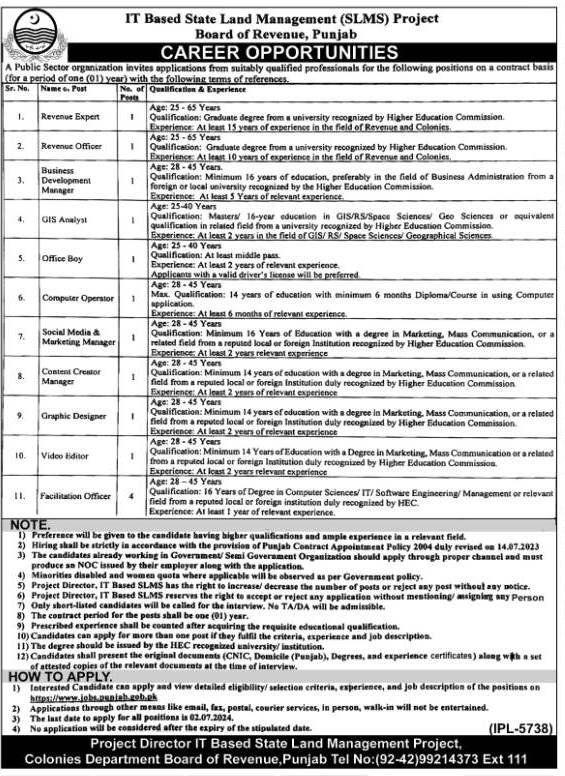 Board of Revenue Lahore Punjab Jobs 2024 – Revenue Department Punjab Jobs 2024 — original advertisement