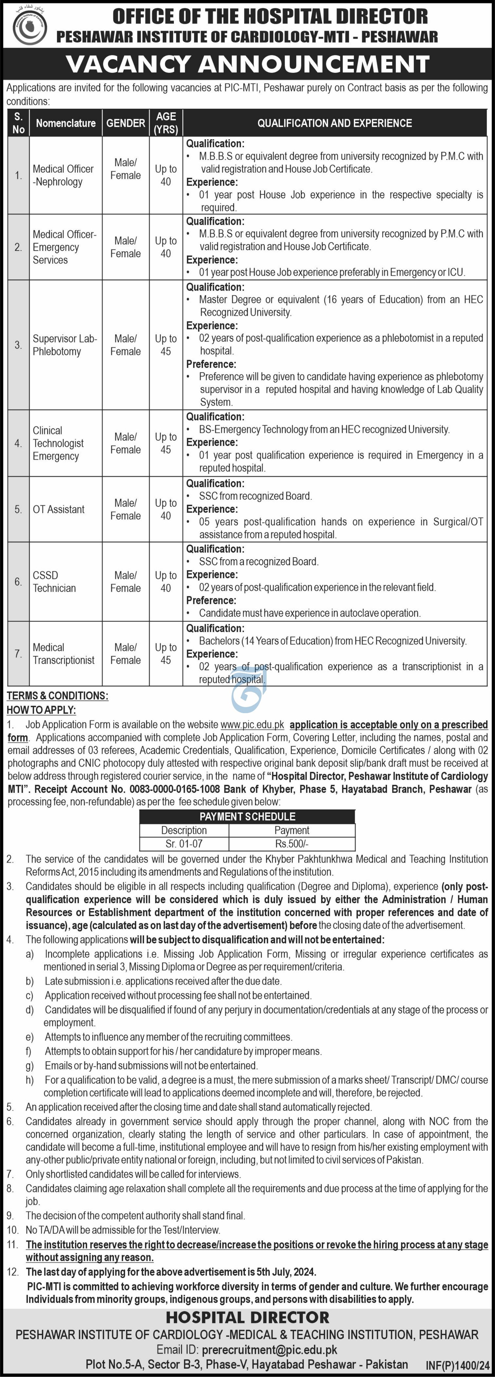 Peshawar Institute Of Cardiology PIC MTI Jobs 2024 Jobs 2024 — original advertisement