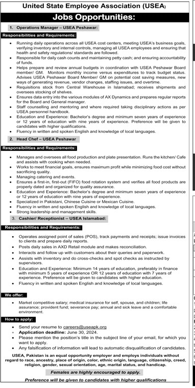 United States Employee Association Usea Peshawar Jobs 2024 Jobs 2024 — original advertisement