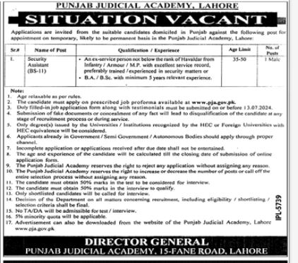 Punjab Judicary Academy Lahore Jobs 2024 – Judiciary of Punjab Jobs 2024 — original advertisement