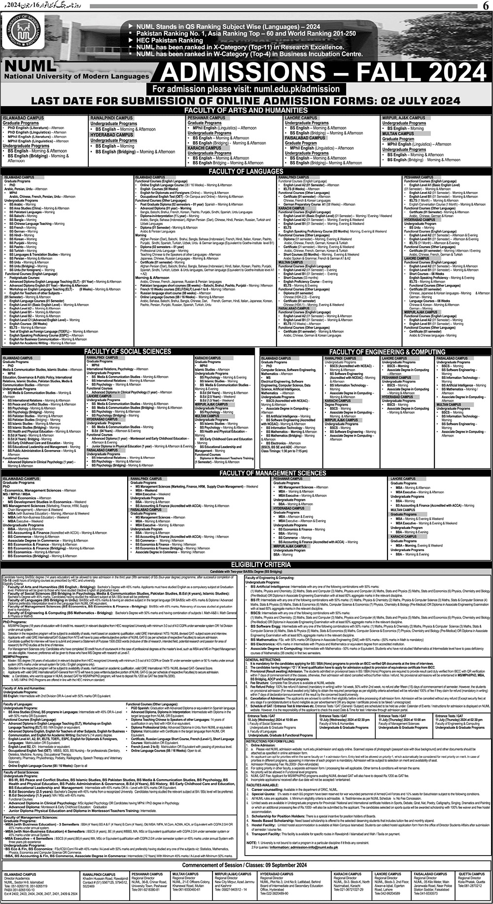 Admission Open in National Univeristy of Modern Languages – National University of Modern Languages Islamabad Admissions 2024 — original advertisement