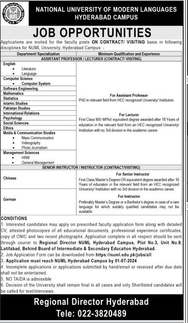 NUML University Hyderabad Campus Jobs 2024 – National University of Modern Languages Islamabad Jobs 2024 — original advertisement