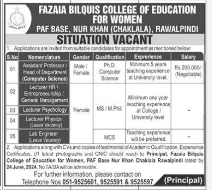 Fazaia Bilquis College of Education For Women Jobs 2024 – Fazaia Schools & Colleges Jobs 2024 — original advertisement
