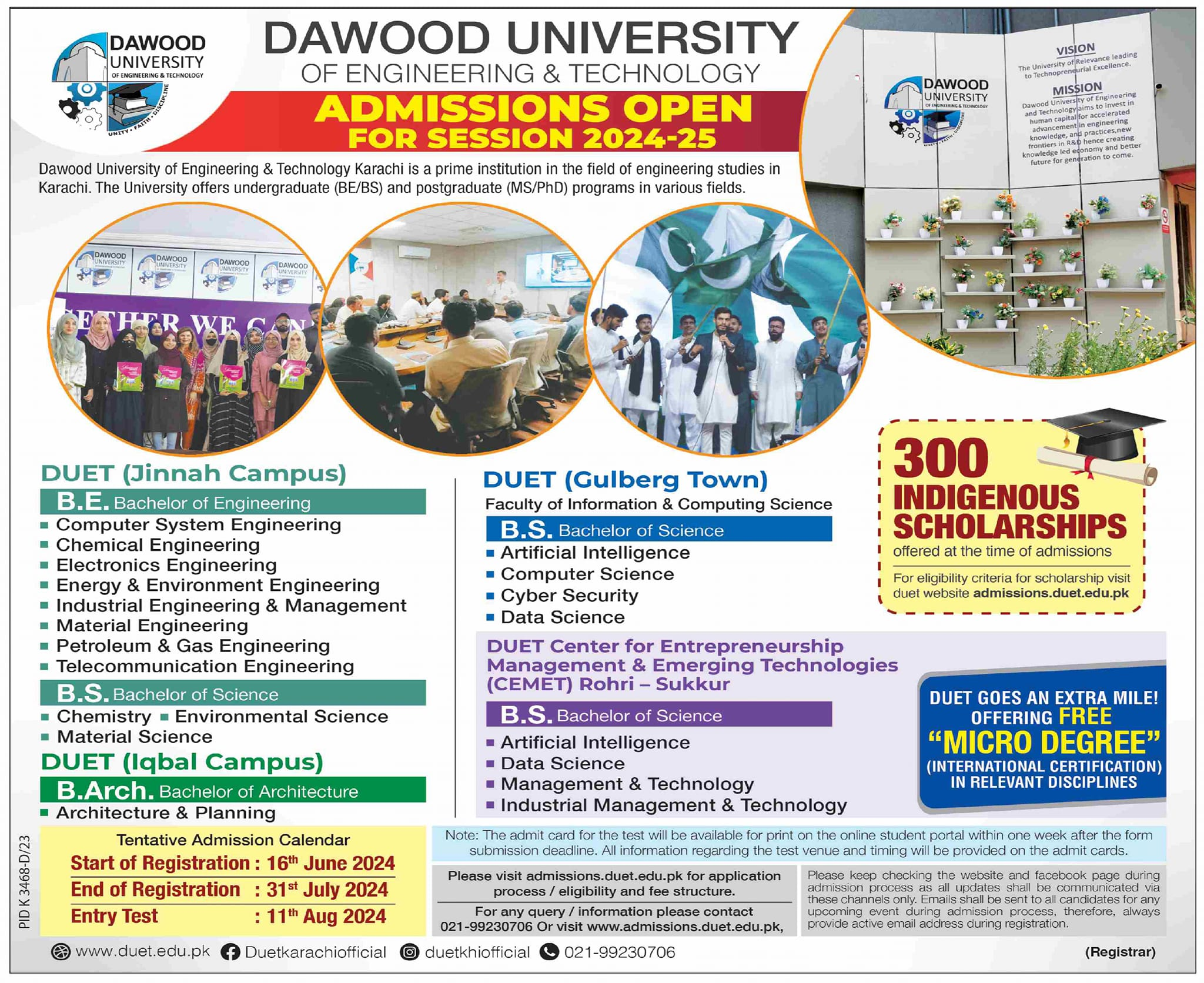 Admission Open in Dawood University of Engineering 2024 – Dawood University of Engineering and Technology Karachi Admissions 2024 — original advertisement