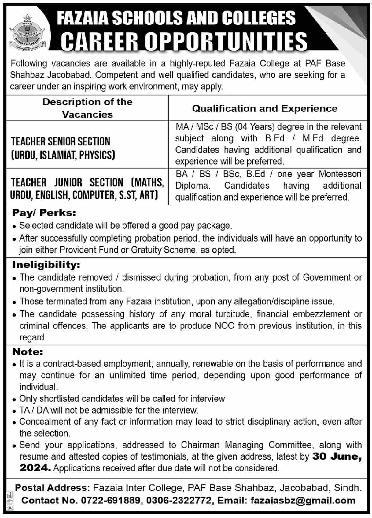 Fazaia College Sindh Jacobabad Jobs 2024 – Fazaia Schools & Colleges Jobs 2024 — original advertisement