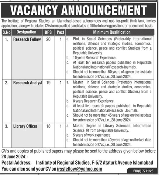 The Institute Of Regional Studies IRS Jobs 2024 – The Institute Of Regional Studies Islamabad Jobs 2024 — original advertisement