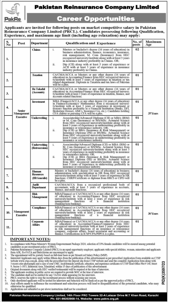Pakistan Reinsurance Company Limited Jobs 2024 – Private Company Jobs 2024 — original advertisement