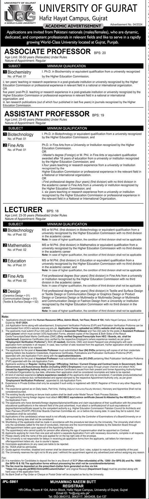 University Of Gujrat UOG Jobs 2024 Jobs 2024 — original advertisement