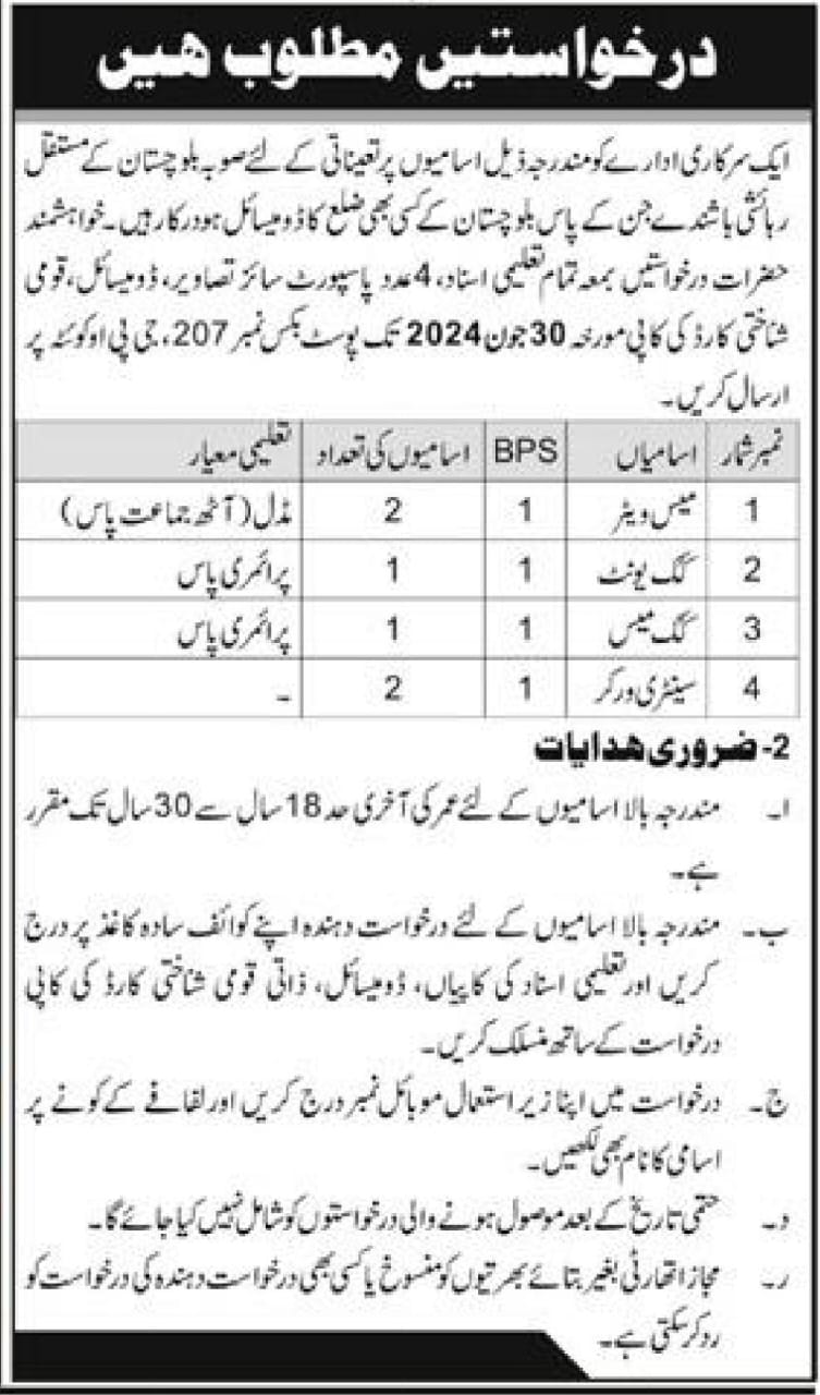 Government Organizations Quetta Balochistan Jobs 2024 – Pakistan Army Jobs 2024 — original advertisement