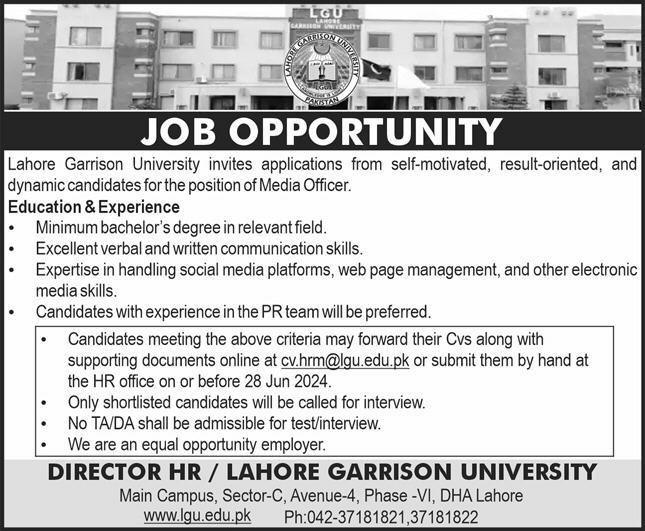 Lahore Garrison University Punjab Jobs 2024 Jobs 2024 — original advertisement