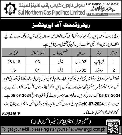 Apprenticeship Positions At Sui Northern Gas Pipelines SNGPL – Sui Southern Gas Company Limited Jobs 2024 — original advertisement