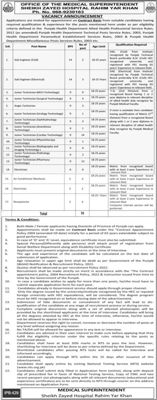 Sheikh Zayed Hospital Rahim Yar Khan Jobs 2024 – Sheikh Zayed Medical College Hospita Rahim Yar Khan Jobs 2024 — original advertisement