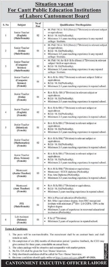 Cantt Public Educational Institution Lahore Jobs 2024 – Cantonment Board Jobs 2024 — original advertisement