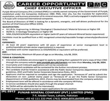 Punjab Mineral Company Lahore Punjab Jobs 2024 – Private Company Jobs 2024 — original advertisement