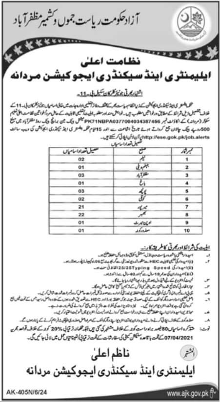 Elementary and secondary Education Azad Jammu Kashmir Jobs – Elementary & Secondary Education AJK Jobs 2024 — original advertisement
