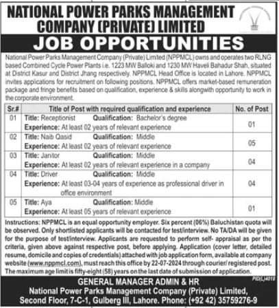 National power Parks Management Company Jobs 2024 – National Power Park Management Pvt Ltd Jobs 2024 — original advertisement