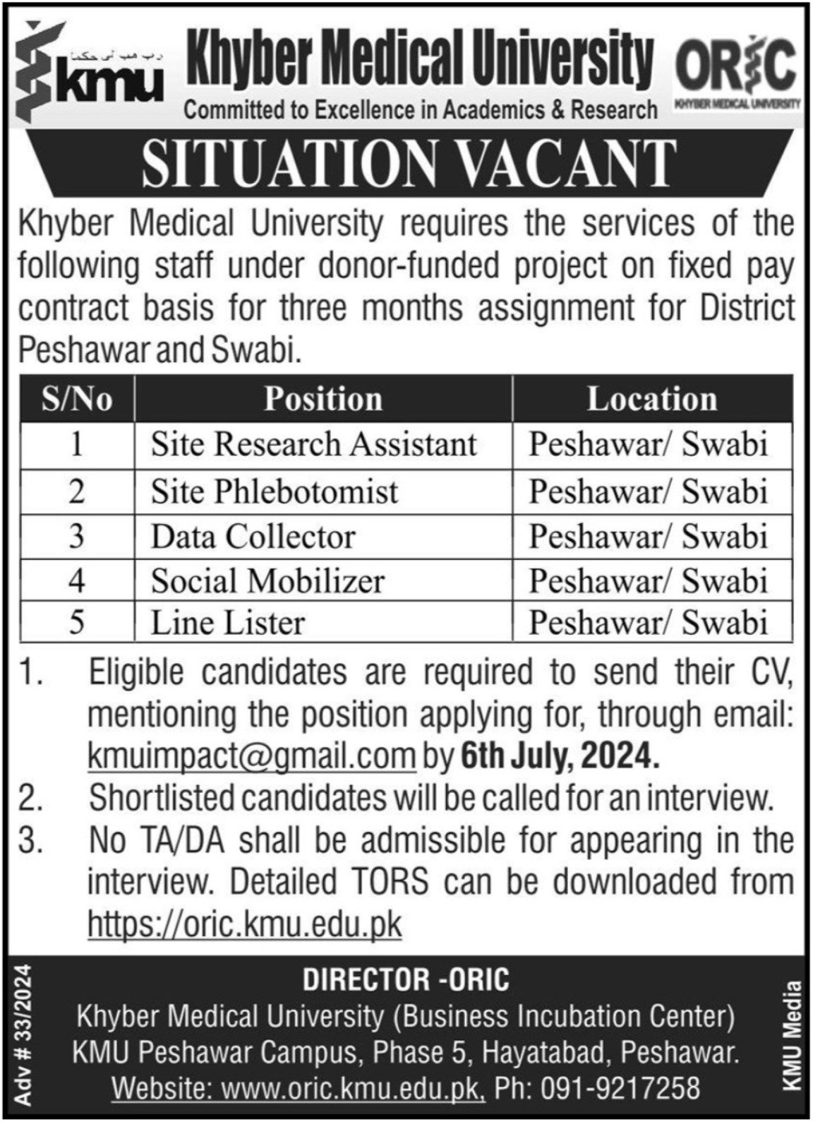 Khyber Medical University Peshawar Jobs 2024 Jobs 2024 — original advertisement