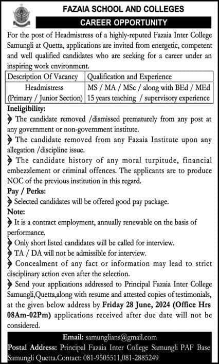 Fazaia School And Colleges Quetta Jobs 2024 – Fazaia Schools & Colleges Jobs 2024 — original advertisement
