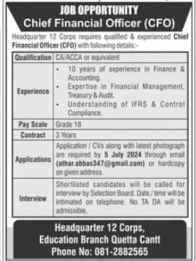 Headquarter 12 Corps Education Branch Quetta Jobs 2024 – Pakistan Army Jobs 2024 — original advertisement