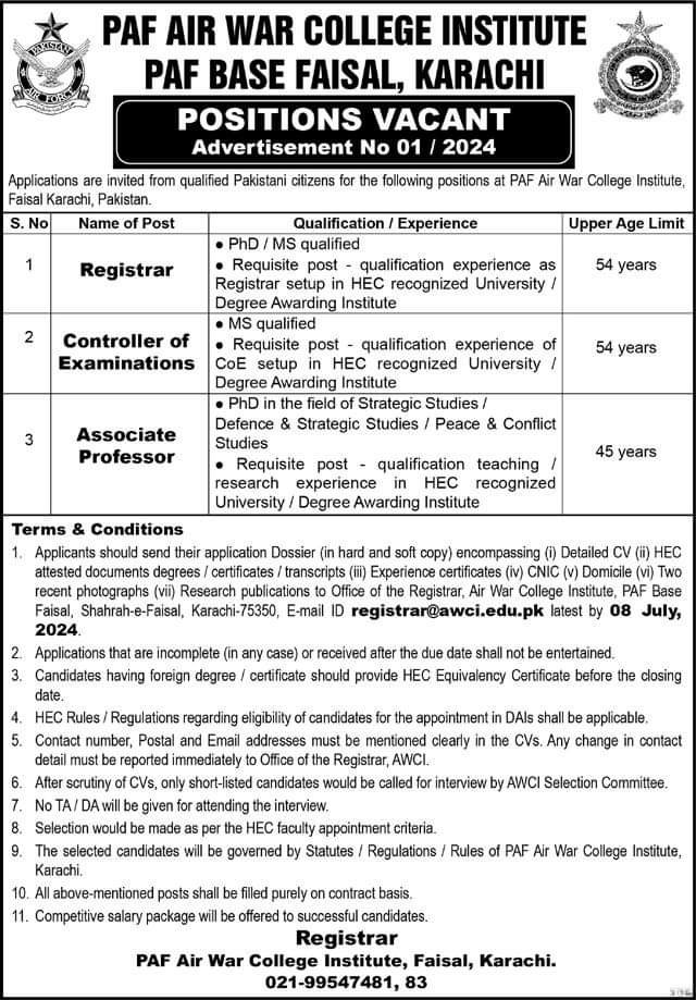 PAF Air War College Institute Karachi Sindh Jobs 2024 – Pakistan Air Force Jobs 2024 — original advertisement