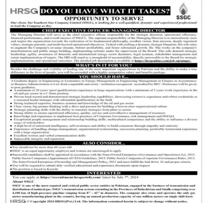 Sui Southern Gas Company Limited SSGC Sindh Jobs 2024 Jobs 2024 — original advertisement