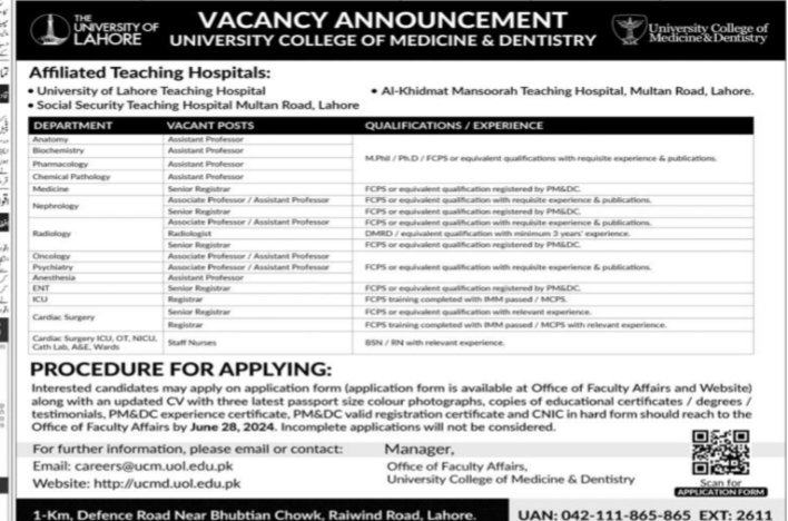 University College Of Medicine & Dentistry Jobs 2024 – University of Lahore Jobs 2024 — original advertisement