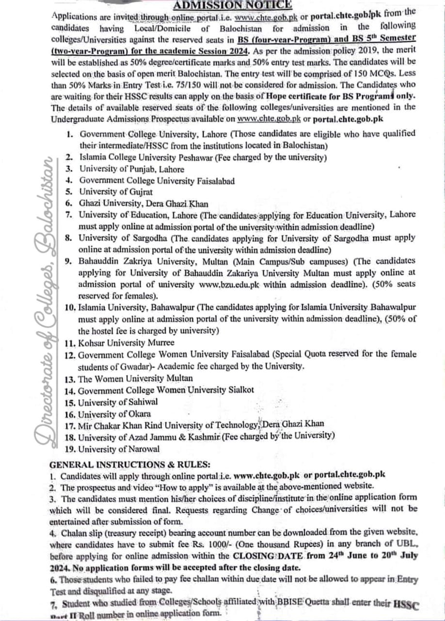 Admissions on Balochistan Reserved Seats BS 2024 – Colleges Higher and Technical Education Department Balochsitan Admissions 2024 — original advertisement