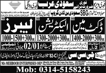 Ducket Man and Labour Jobs in Saudia Arabia 2024 – Shahzad Askari Technical Institute Jobs 2024 — original advertisement