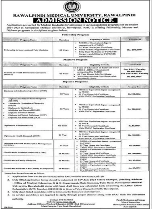Admissions Open in Rawalpindi Medical University Rawalpindi – Rawalpindi Medical University Punajb Admissions 2024 — original advertisement