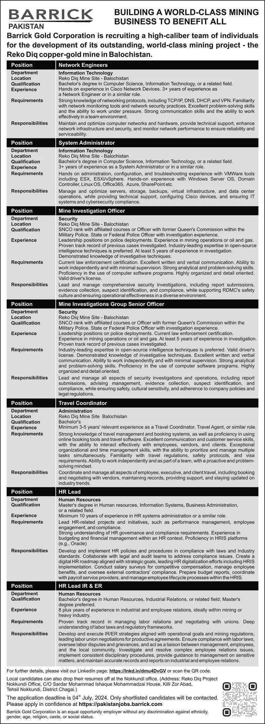 Barrick Pakistan Chaghi Balochistan Jobs 2024 Jobs 2024 — original advertisement