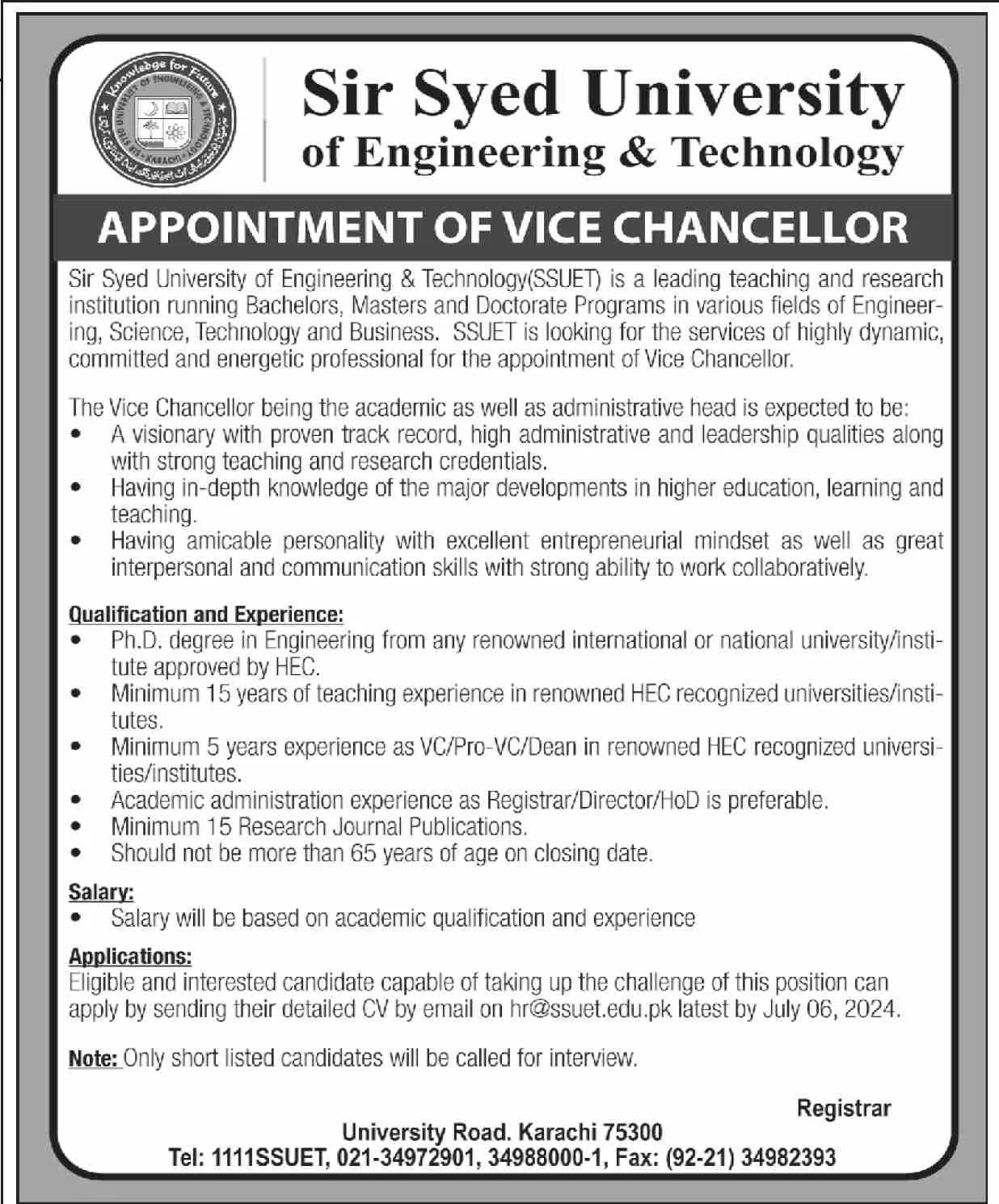 Sir Syed University of Engineering & Technology Karachi Jobs – Sir Syed CASE Institute of Technology Jobs 2024 — original advertisement