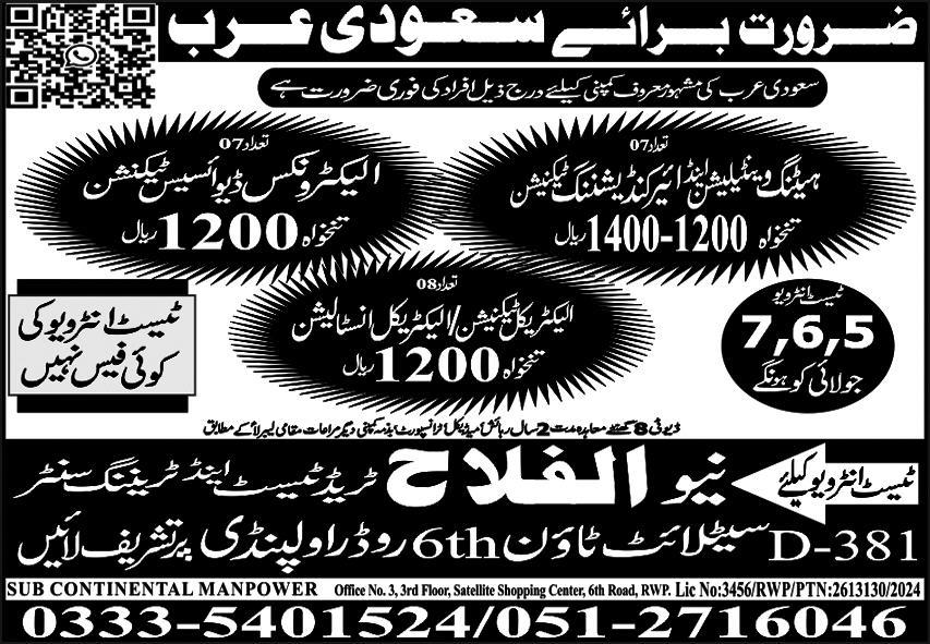 Air Conditioning Technician & Electrical Technician Jobs – Al Falah Trade Test Jobs 2024 — original advertisement