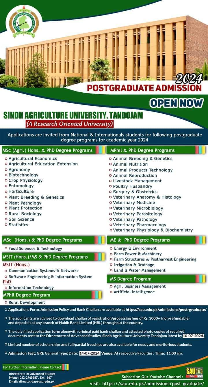 Admission Open in Sindh Agriculture University Tandojam 2024 Admissions 2024 — original advertisement