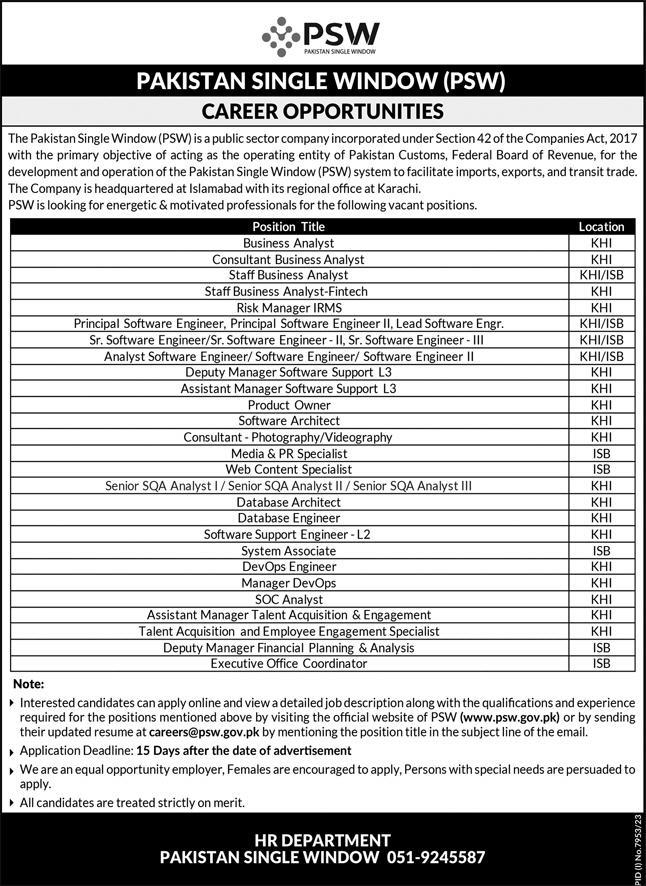 Pakistan Single Window PSW Karachi Jobs 2024 Jobs 2024 — original advertisement
