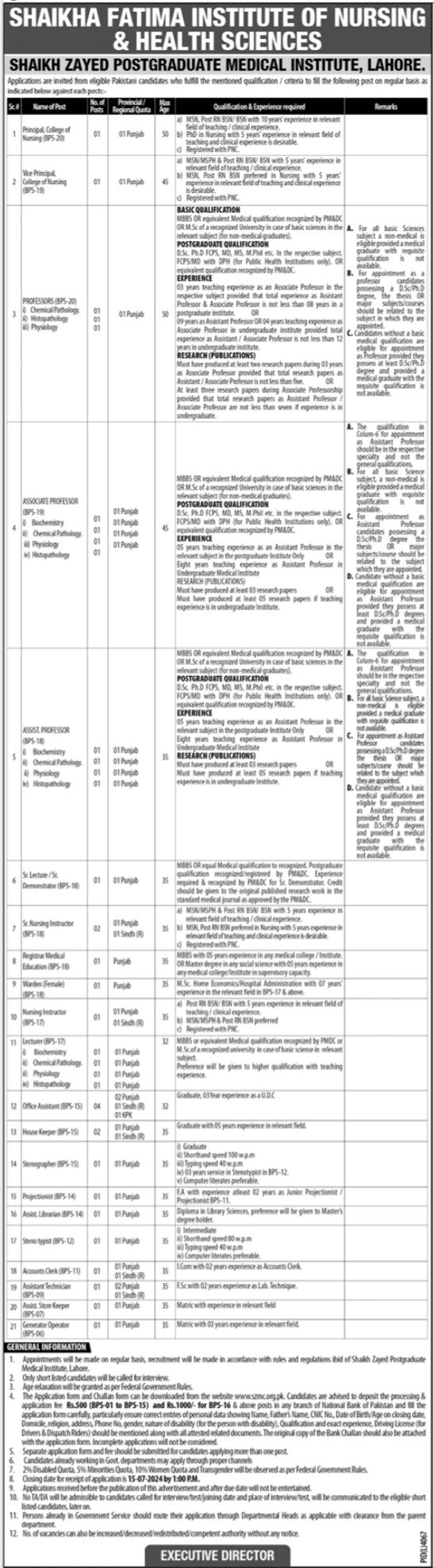 Shaikha Fatima Institute Of Nursing & Health Sciences Jobs – Sheikha Fatima Institute Of Nursing And Allied Health Sciences Jobs 2024 — original advertisement