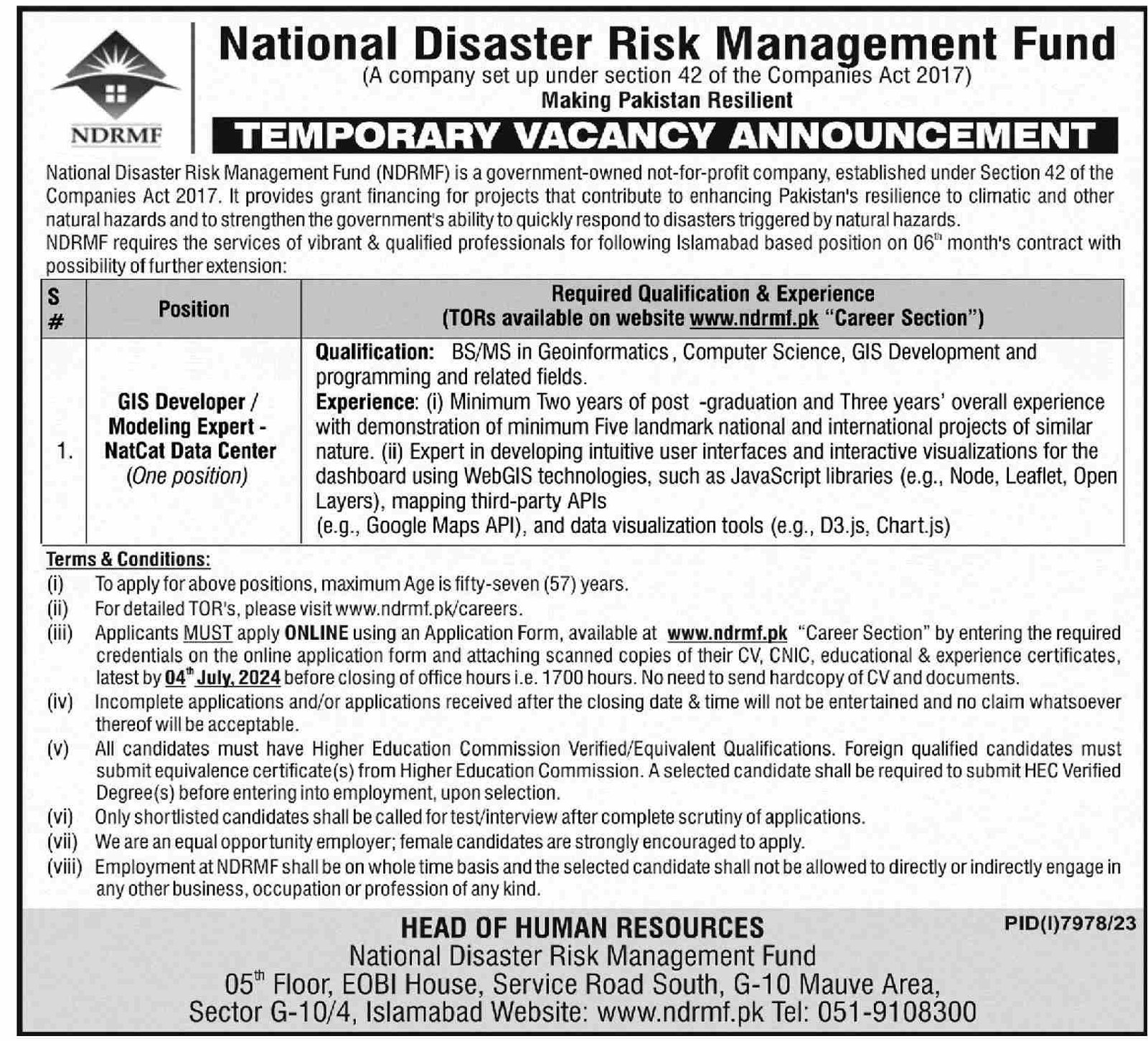 NDRMF National Disaster Risk Management Fund Jobs 2024 – National Disaster & Risk Management Fund Jobs 2024 — original advertisement