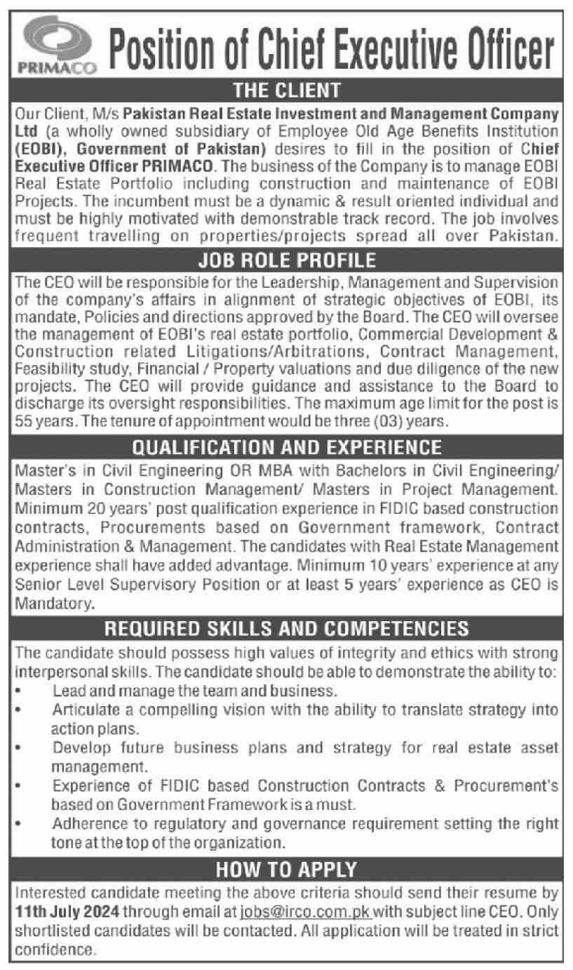 Pakistan Real Estate Investment & Management Company Jobs – Pakistan Real Estate Investment and Management Company Pvt Ltd (PRIMACO) Jobs 2024 — original advertisement